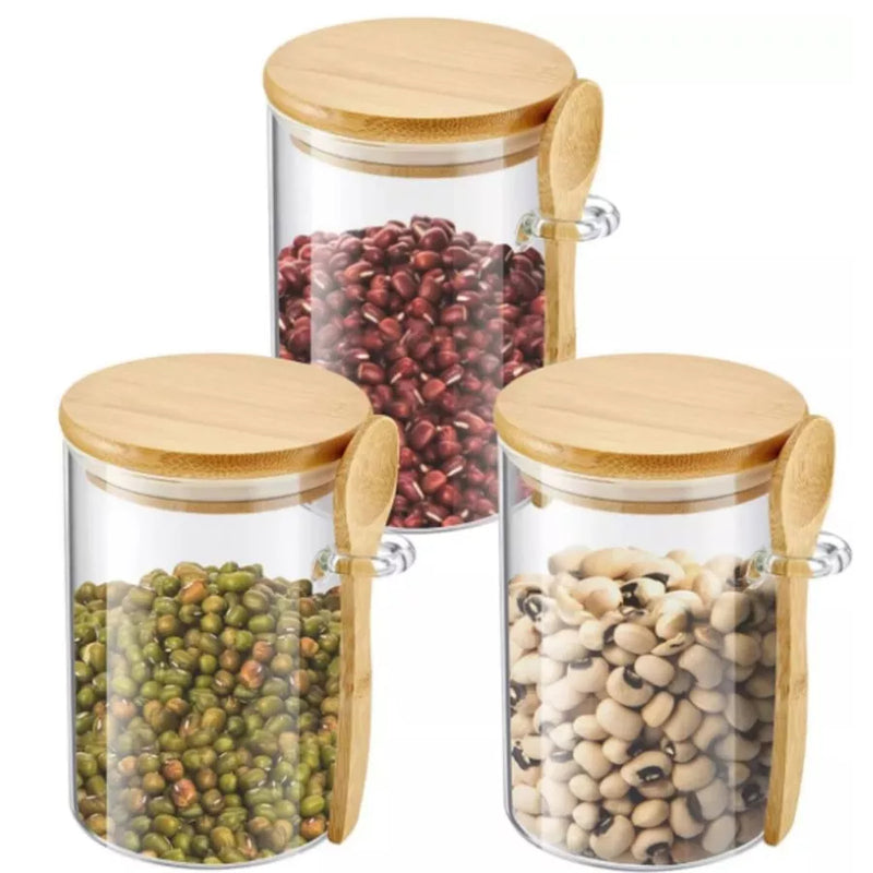 Pote de Vidro Com Tampa de Bambu Com 1 Colher